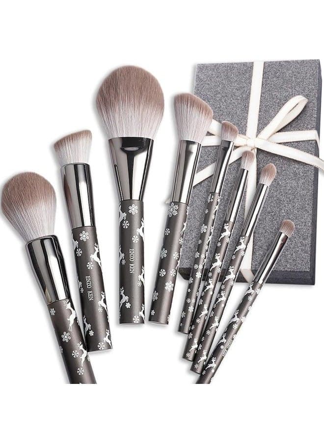 Carcoal Grey Natural Goat Hair Makeup Brush Set by , Extra Soft Real Hair Eyeshadow Brushes Set, Large Angled Round Flat Top Face Blending Brushes Kit - Snowflake Christmas Reindeer Gift Set
