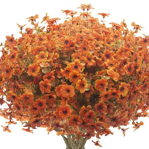 Grunyia 16 Bundles Artificial Fall Flowers for Outdoors Fake Plants UV Resistant Plastic Plants Shrubs Bushes for Home Fall Front Door Porch Garden Autumn Decor (Fall Red)
