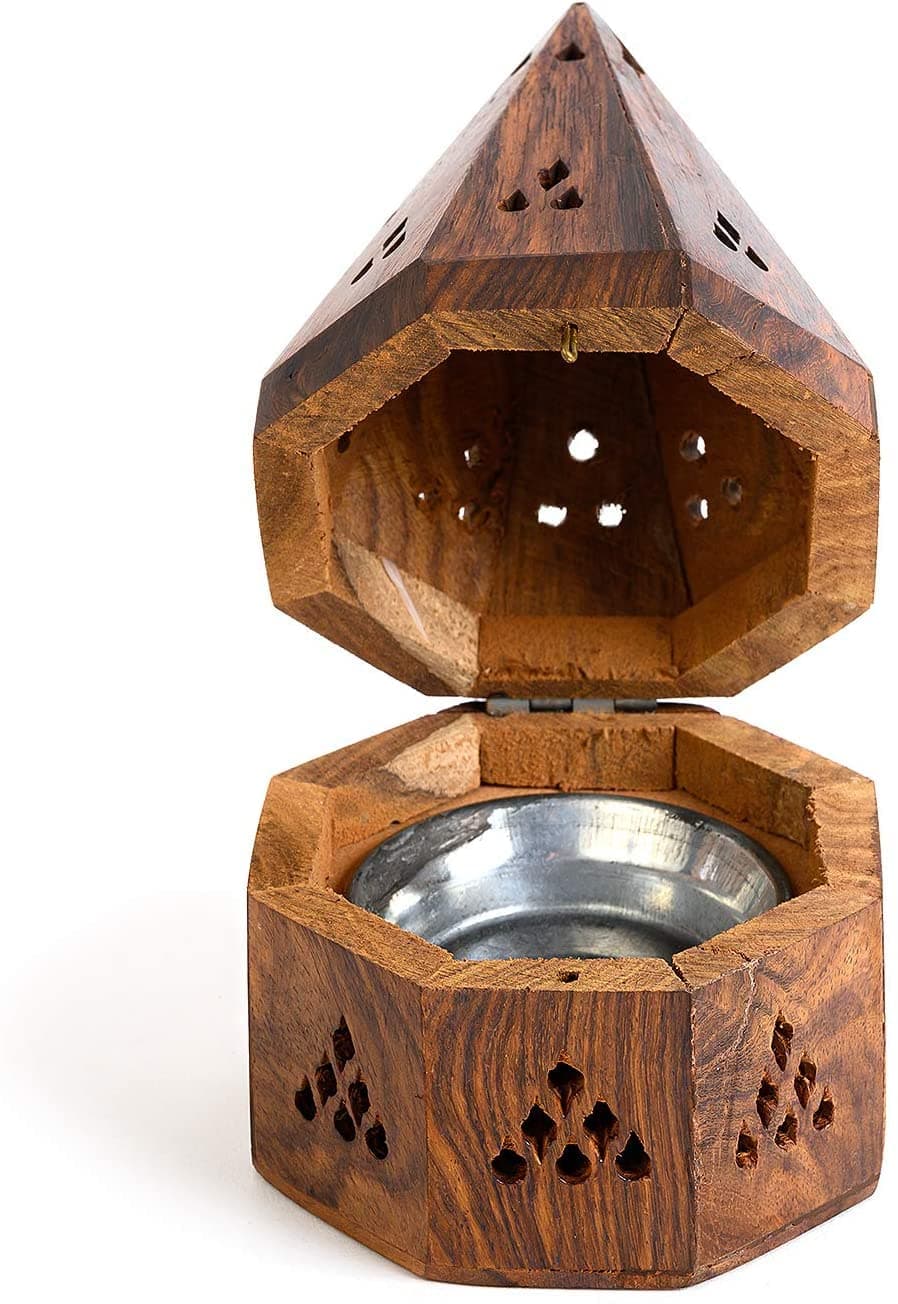 Dinil 5 Inch Temple Wooden CharcoalCone Burner Top Cone Shape Handcrafted Wooden Incense Burner Box Temple Shape