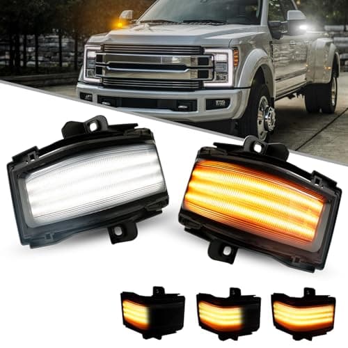 AUTOONE LED Side Mirror Marker Light for 2015-2023 Ford F150, 2017-2023 F250 F350 F450 F550 Super Duty, Cool White DRL Parking Light & Dynamic Amber Turn Signal Light, Smoke Lens, 2PCS