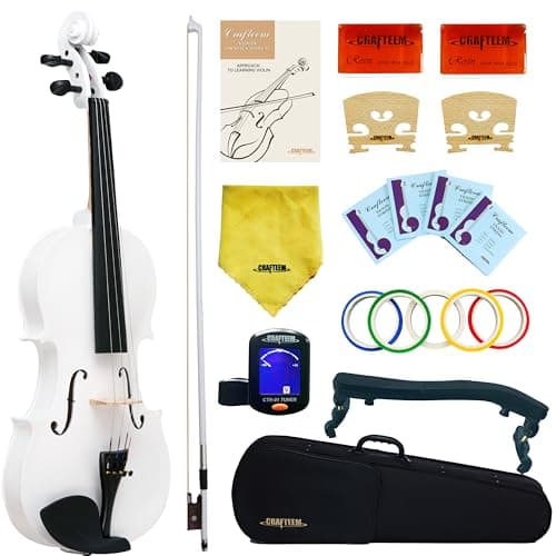 Crafteem 1/2 Fiddle White Colored Premium Violin Outfit for Beginners Adults Kids With 5 Color Fingering Tape- Handcrafted Student Beginner Violin.(White, 1/2)