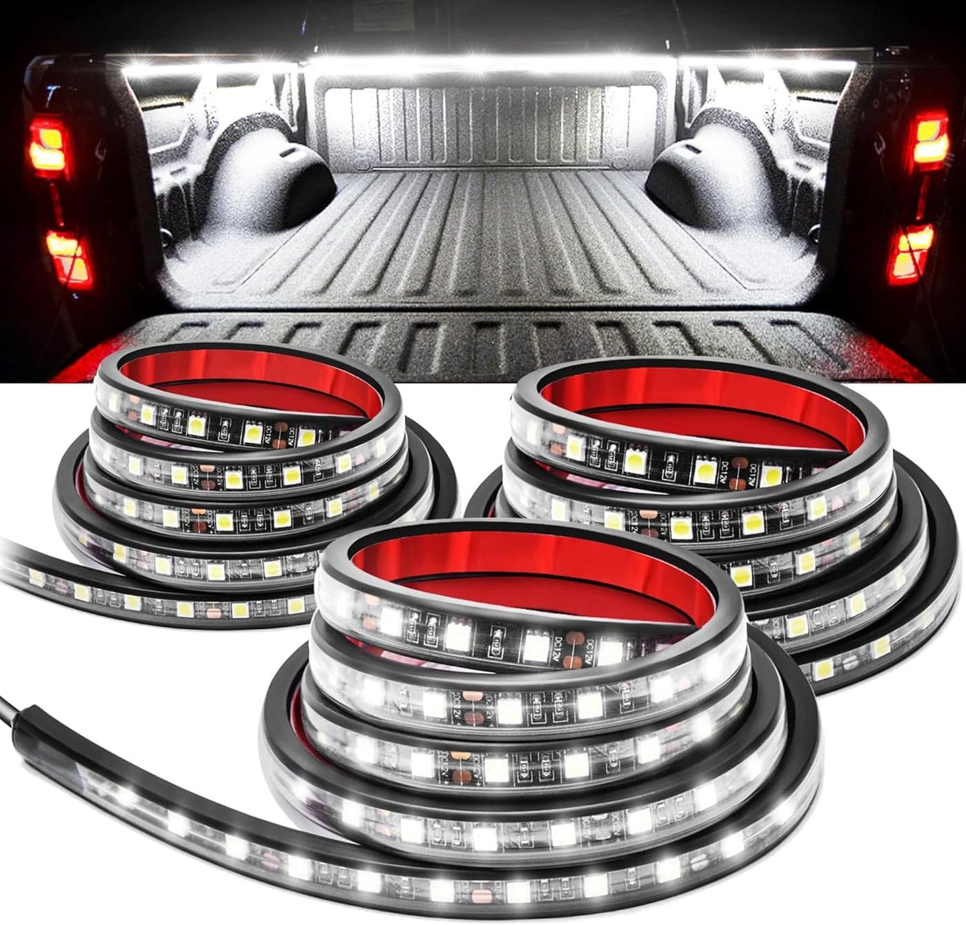 MICTUNING 3Pcs 60 Inch Truck Bed Lights - White Waterproof LED Light Strip with On-Off Switch Fuse Splitter Cable