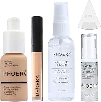 Phoera Foundation Full Coverage Makeup Set Includes Nude 30ml Matte Foundation Phoera Concealer Neutral Cool Beige Setting Powder Silicone Blender Sponge for Easy Application