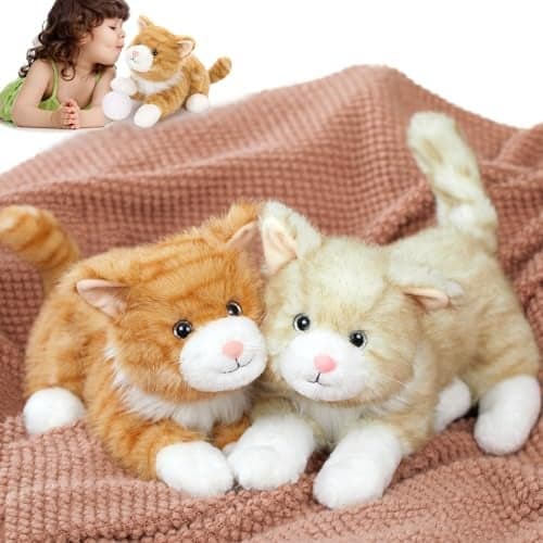 MaoGoLan Cat Stuffed Animals 14 Realistic Cat Stuffy Plush Kitten Toys for Kid Girl Boy Christmas Birthday Gift 2 Pcs Super Soft Huggable Orange Tabby Kitty Toy