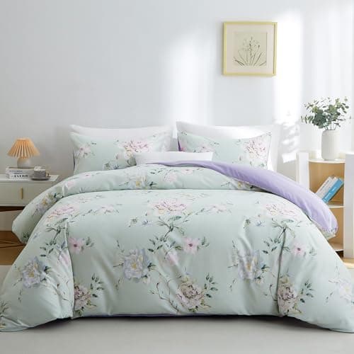BOLINLIVING Duvet Cover Twin Size, Flower Kids Duvet Cover with Pillow Shams, Soft Floral Bedding Set Sage Green and Purple for All Season, Breathable, Zipper Closure…