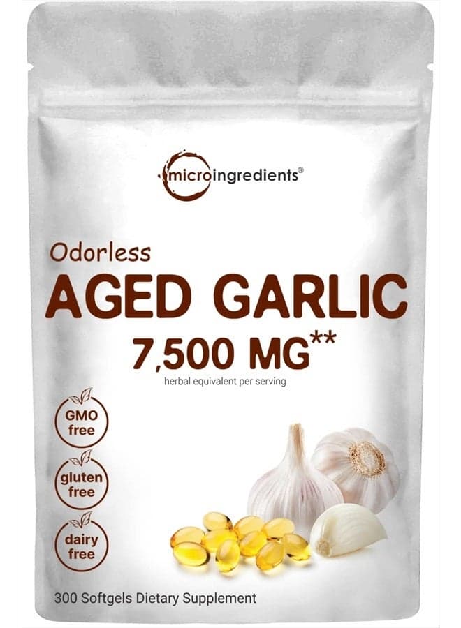 Odorless Garlic 7500mg Per Servings, 300 Softgels | 2 Years Aged Garlic Extract, Grown Allium Sativum Bulb | Potent Antioxidant Supplement, Immune Support, and Heart Health