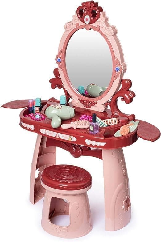 EXOMOON Mirror Makeup Table for Children Beauty Set Girls Pretend Cosmetic Box Makeup with Mirror Chair Set for Toddlers Kids Little Girls Pink Makeup Kits Toys for 3 4 and 5 Years