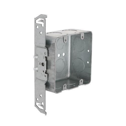 Hubbell-Raco 685 2-Device, 2-1/8-Inch Deep, 1/2-Inch and 3/4-Inch Side Knockouts, Wood/Metal Stud Bracket 4-Inch Square Switch Box, Drawn, red