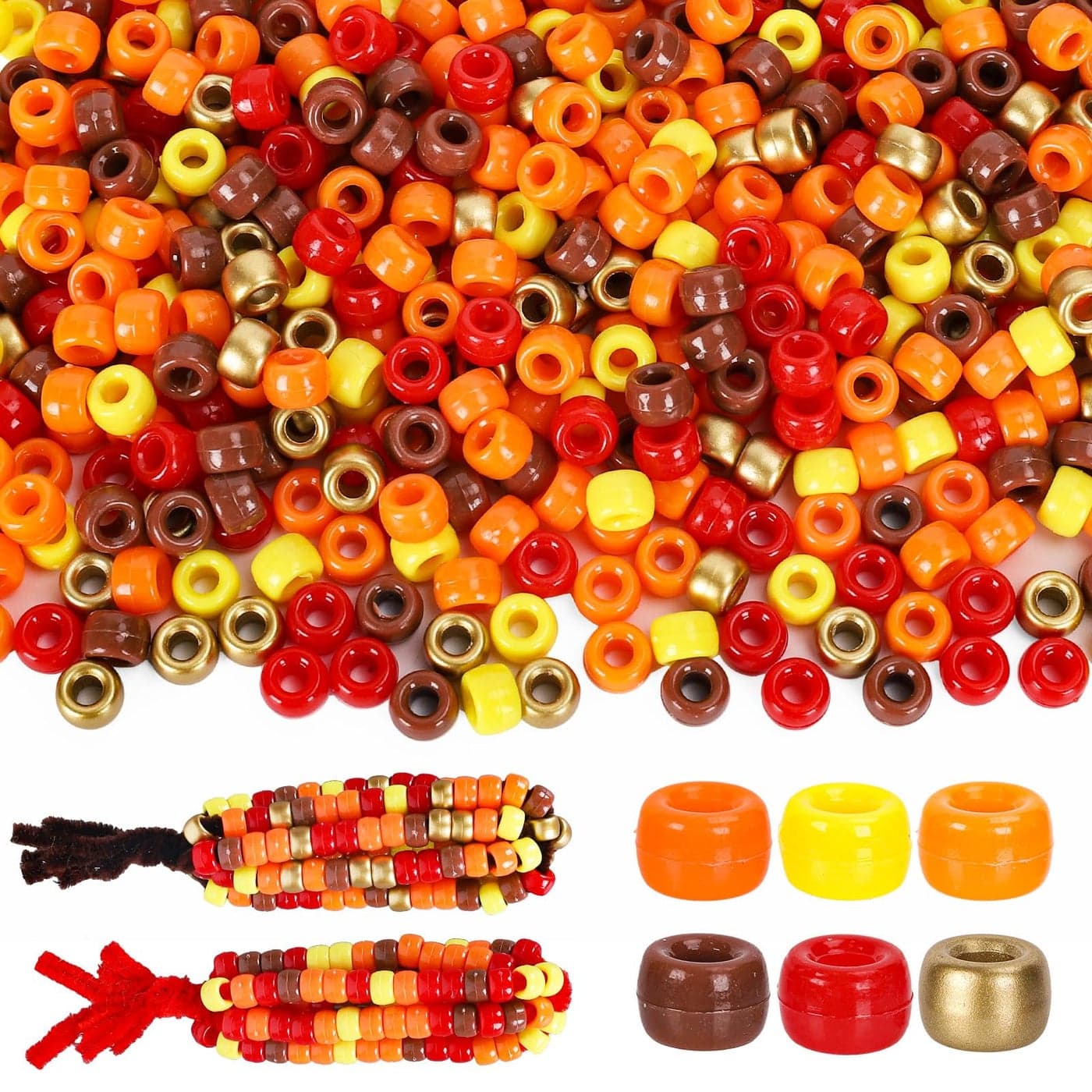 JarThenaAMCS 3000Pcs Fall Pony Beads 6 Mixed Colors Plastic Craft Beads Gold Red Yellow Orange Brown Spacer Beads for Autumn Thanksgiving Party DIY Crafts Necklace Bracelet Jewelry Making