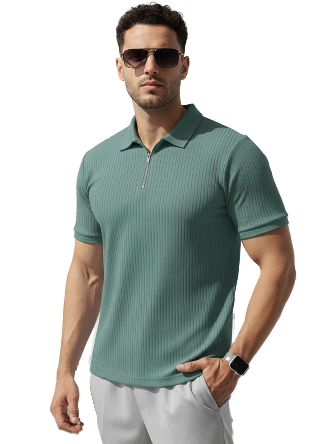 LEOTUDE Men's Solid Super Soft Classic Polo T-Shirt: Regular Fit (P89_Grey_P_Green_L)
