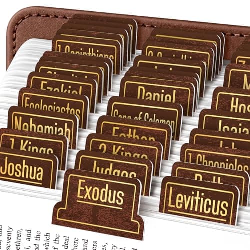 EssexWares - Brown with Gold Color Border Bible Tabs for Old and New Testament, 80 Large Print Tabs for Bible Study, Water-Resistant and Durable Index Tabs for Women and Men - 1.7" Wide