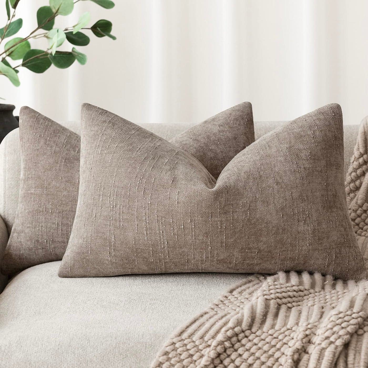 Foindtower Set of 2 Textured Chenille Throw Decorative Pillow Covers Square Accent Solid Cushion Cover Neutral Farmhouse Lumbar Pillow Case for Couch Sofa Bedroom Living Room 12x20 InchLight Taupe