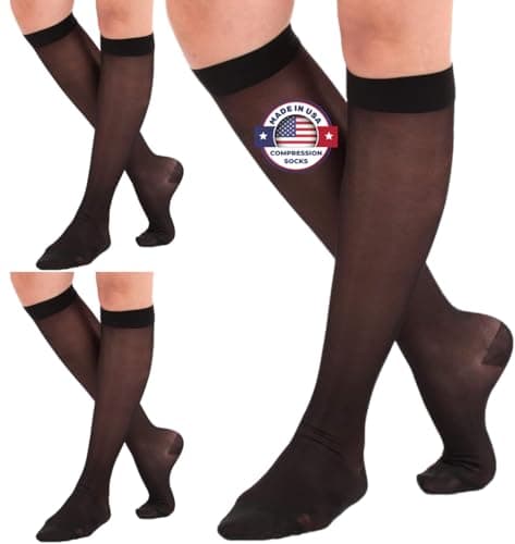 3 Pairs Closed Toe Made in USA Compression Socks for Women 1520mmHg Sheer Compression Knee High Stockings for Post Surgery Pregnancy Arthritis Edema Black Large A101BL33