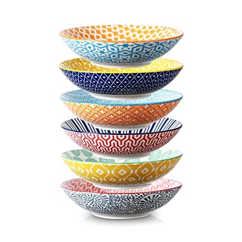 Selamica Porcelain 40oz Large Bowls 9 inch Big Pasta Salad Bowls, Microwave and Oven Safe, Colorful, Set of 6