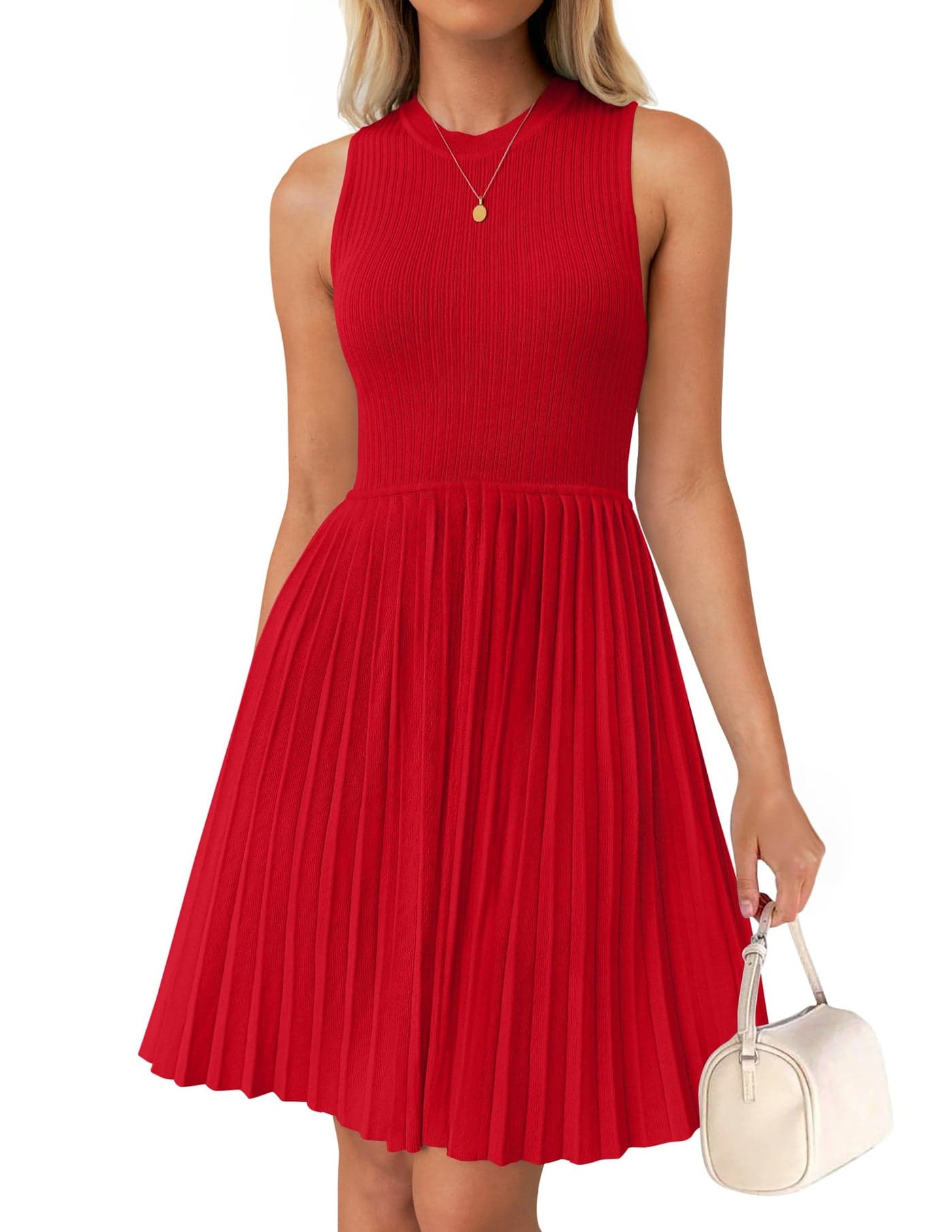 ZESICA Womens Summer Sleeveless Mini Dress 2025 Crewneck Knit A Line Pleated Swing Casual Basic Short DressRedSmall