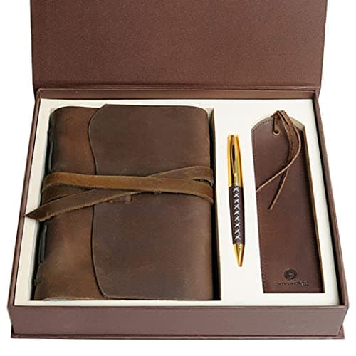 Leather Journal Gift Set with Antique Leather Bookmark + Pen, Handmade Writing Notebook 7x5 Inches Unlined Leather Bound Daily Notepad For Men For Women, Luxury Gift Box Diary for all ages