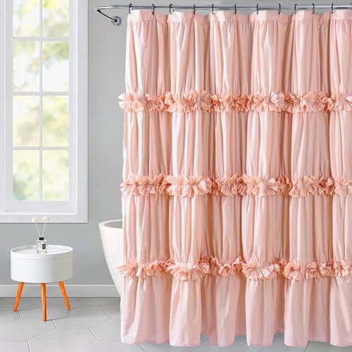 Homechoice Decor Peach Ruffle Shower Curtain, Vintage Handcrafted Bow Tie Bath Curtain for Master Bathroom, Ruched Microfiber Bathroom Curtain with 12 Buttonholes, 72" W x 72" H (LQ-10)
