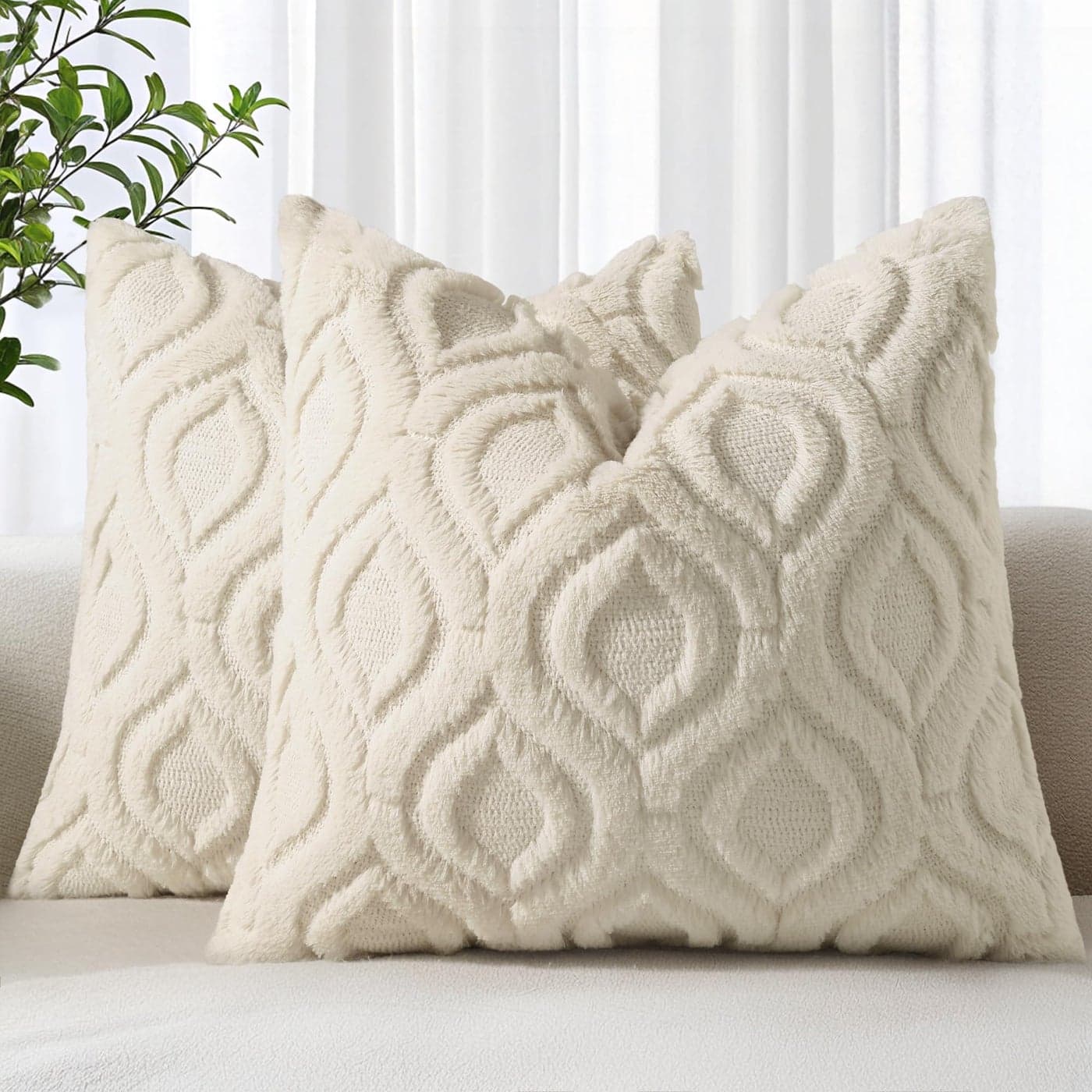 decorUhome Spring Euro Sham Throw Pillow Covers 22x22 Inch Set of 2 Soft Plush Faux Wool Beige Solid Couch Pillow Covers Accent Farmhouse Neutral Square Pillow Cases for Sofa Bed Living Room