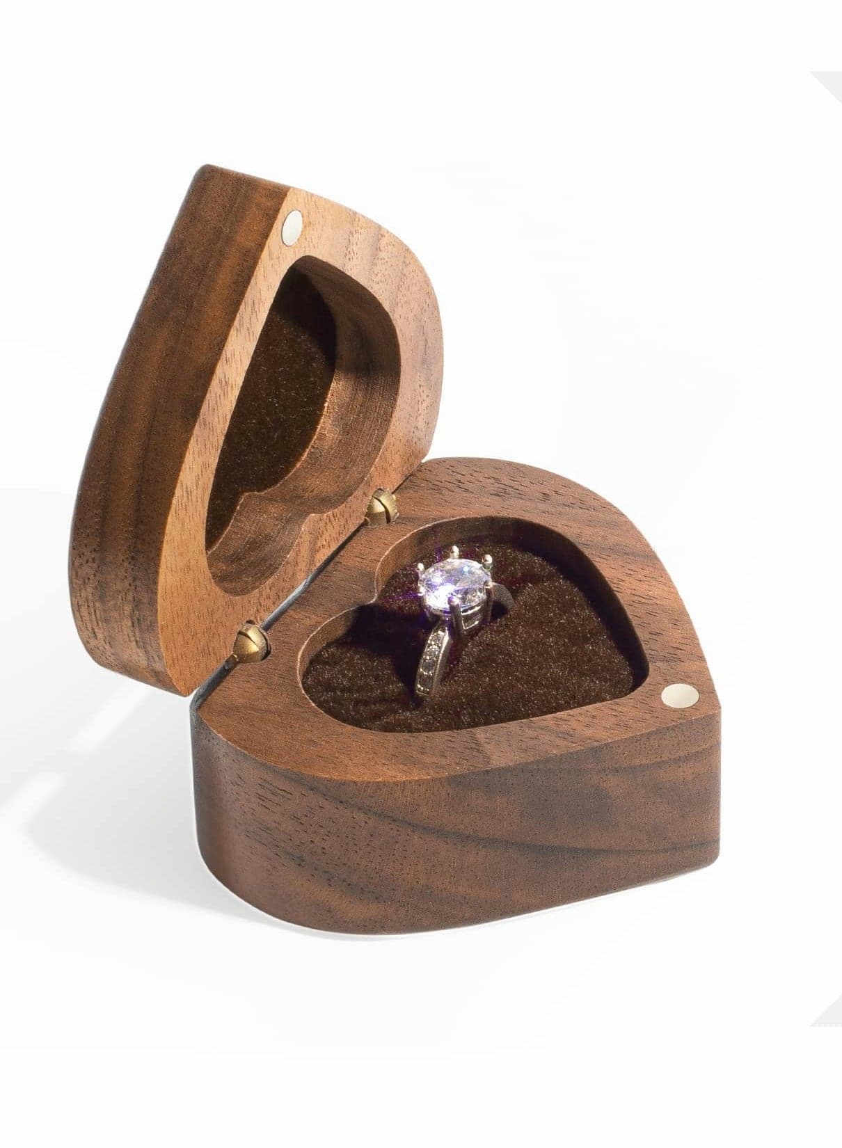 Heart Shaped Walnut Wood Ring Box with Luxurious Velvet Interior