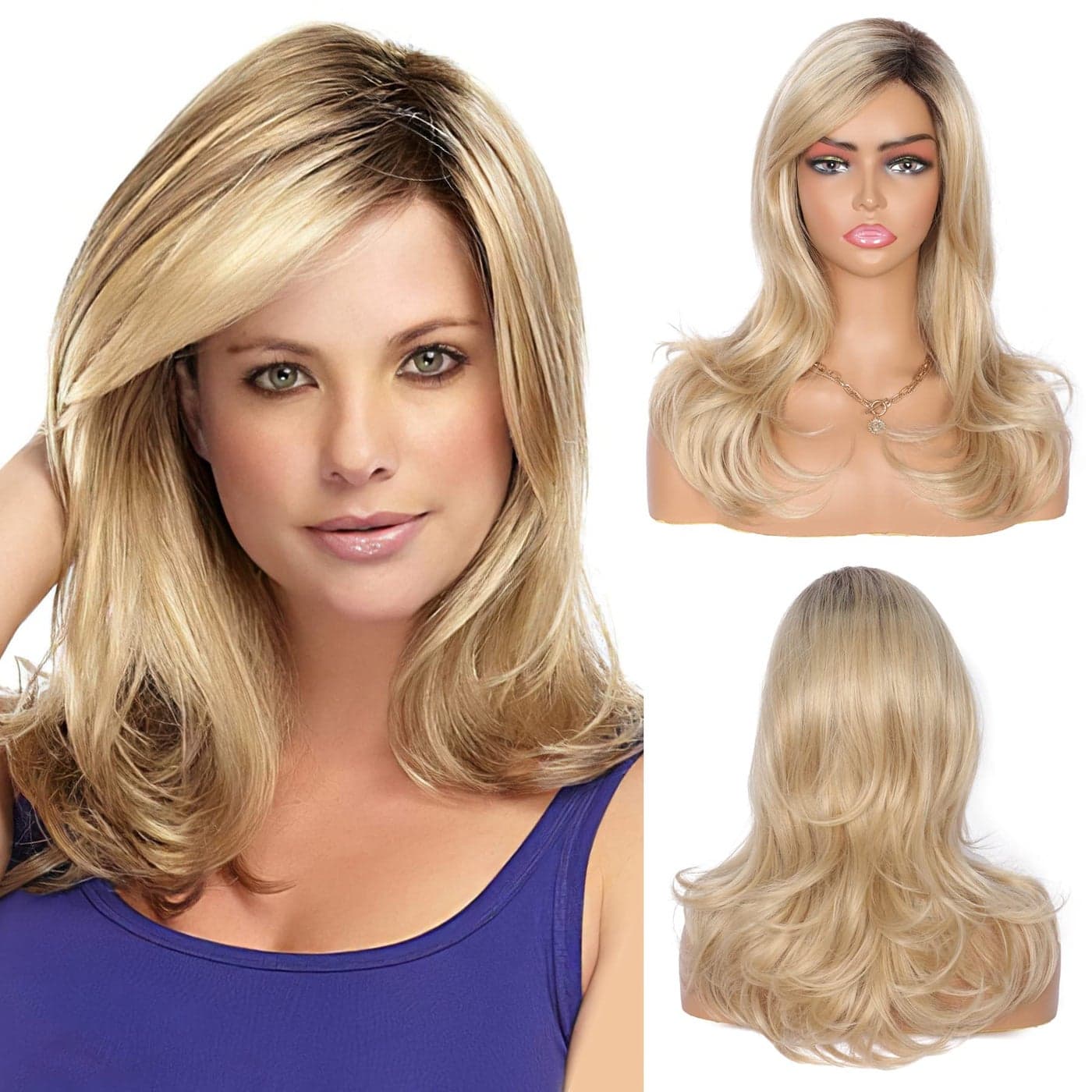 Kalyss Long Wave Blonde Wigs with Hair Bangs Ombre Blonde Long Curly Wigs for Woman Heat Resistant Synthetic Hair Wig 18inch