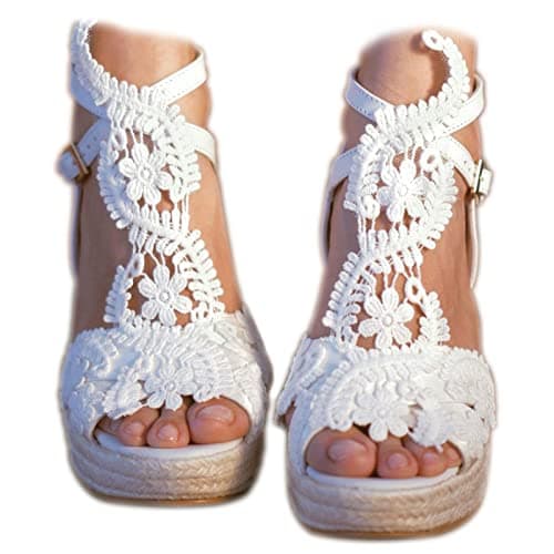 MiLanolce Women's Platform Sandals Wedge Open Toe Ankle Strap lace Wedding Shoes Bridesmaid Shoes,White,size-10