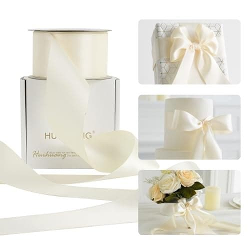 HUIHUANG Ivory Satin Ribbon 2 inch Wide Beige Double Faced Satin Ribbon for Gift Wrapping Bows Making Flower Bouquet DIY Crafts Bridal Shower Holiday Party Decor 25 YardsRoll