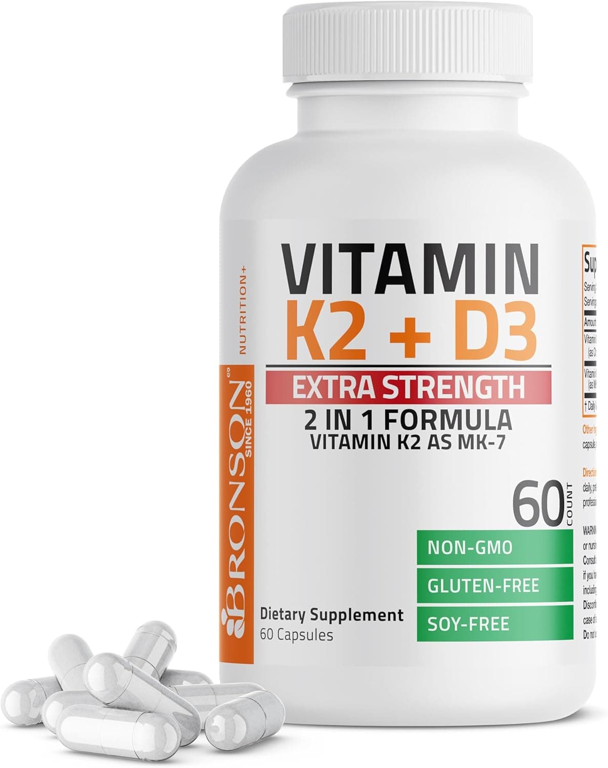 Bronson Vitamin K2 MK7 with D3 Extra Strength Supplement Bone Health NonGMO Formula 10000 IU 120 mcg MK7 Easy to Swallow D K 60 Capsules