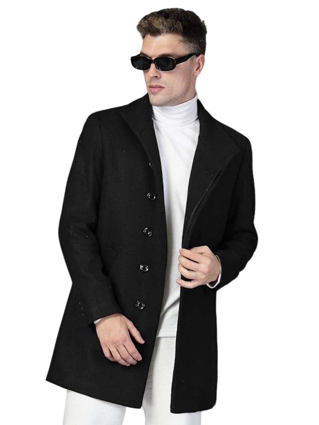 CHKOKKO Men Stylish Long Winter Coat Single Breasted Thigh Length Overcoat with Elegant Spread Collar & Practical Front Side Pockets for Formal or Semi-Formal Occasions BLACK 3XL