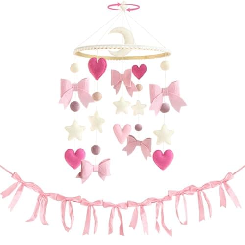 Teeloray Pink Bow Baby Crib Mobile with Pink Ribbon Bow Garland Banner Handmade Coquette Birthday Party Decorations Bow Nursery Decor Girls Bedroom Hanging Mobile for Baby Shower Newborn Gifts