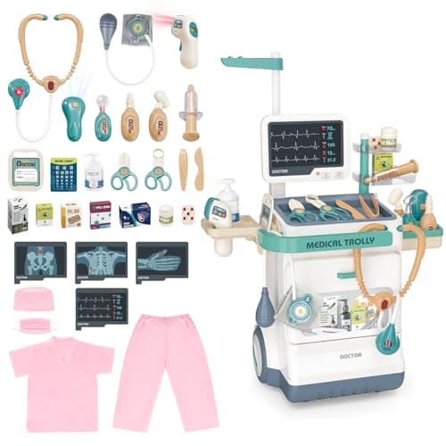 deAO Doctor Kit for Toddlers 35 Kids Doctor Playset Toys Pretend Station Set with Cart CostumeStethoscope and Thermometer Halloween Costume Gift for Boys Girls Role Play Pink