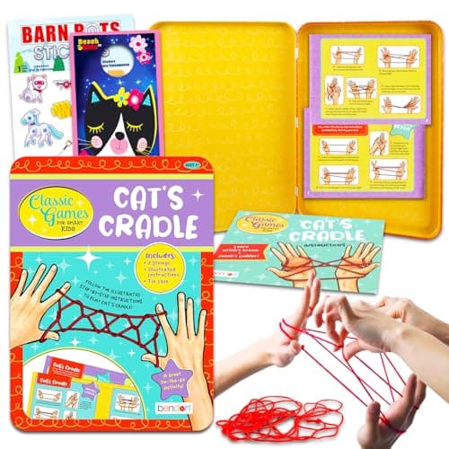Cats Cradle Game Kit for Kids Bundle with String Instruction Book in Travel Tin Plus Bookmark and More