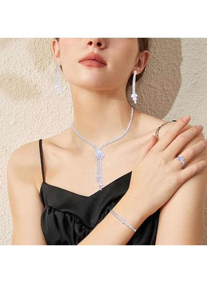 5Pcs Rhinestone Jewelry Set Stylish Elegant Floral Necklace Zircon Earrings Pendant Bracelet Ring Chic Gift for Women Ladies Mother Wife Wedding Party Sliver