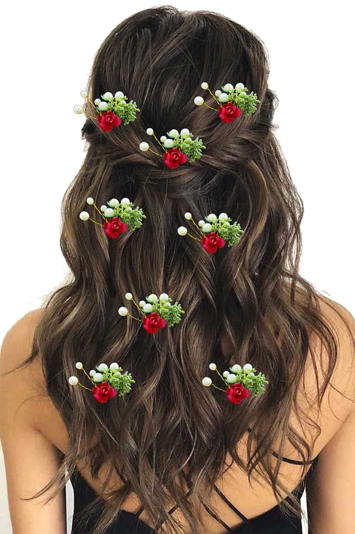 Hair Flare Artificial Rose Flower with Mogra Hair Pin/Bridal Wedding Hair Accessories/Hair Pins/Juda Pins for Women and Girls- 2231, Red, Pack of 8