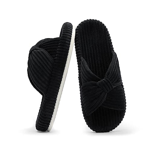 Chantomoo Slippers for Women Memory Foam House Bedroom Corduroy Bow Crossbands Slide Slipper Shoes Comfy Trendy Gift Slippers Black Size 9 10 8.5