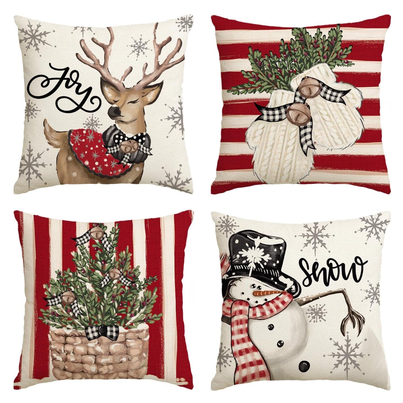 AVOIN colorlife Christmas Snowman Reindeer Gloves Eucalyptus Red Throw Pillow Covers 18 x 18 Inch Winter Holiday Stripes Cushion Case Decoration for Sofa Couch Set of 4
