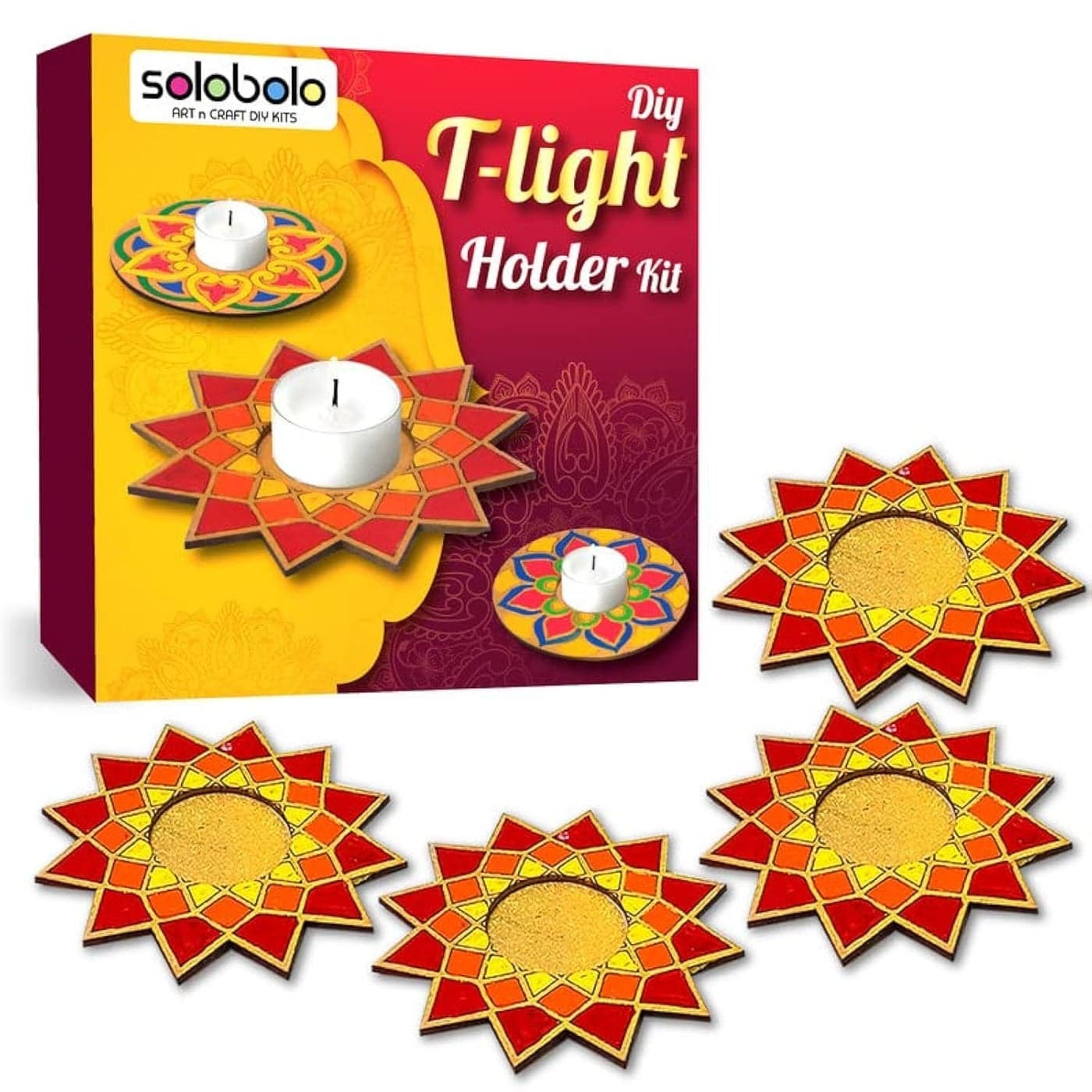SOLOBOLO Tea Light Candle Holder DIY KIT | Diwali Decorative Item| Paint Your own Tealight Holder for Home Decor Office||Diwali Decoration Puja Articles Decor Gift TeaLight(2pc)| Set of 4 (D-1)