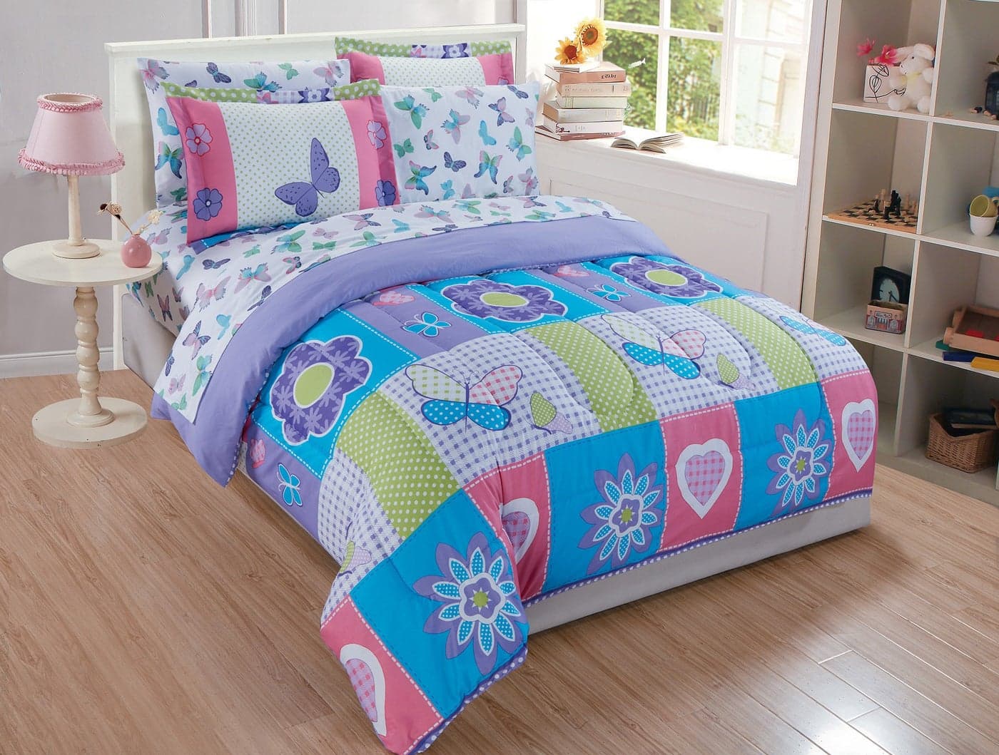 Linen Plus Comforter Set for Girls Butterflies Hearts Flowers Purple Turquoise Pink Green White New Twin