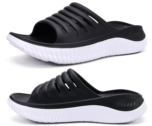 KuaiLu Womens Recovery Sandals Comfortable Plantar Fasciitis Arch Support Ladies Orthopedic Open Toe Slip On Running Sport Walking Slides Thick Athletic Cushion Slippers Summer Sliders Black Size 6
