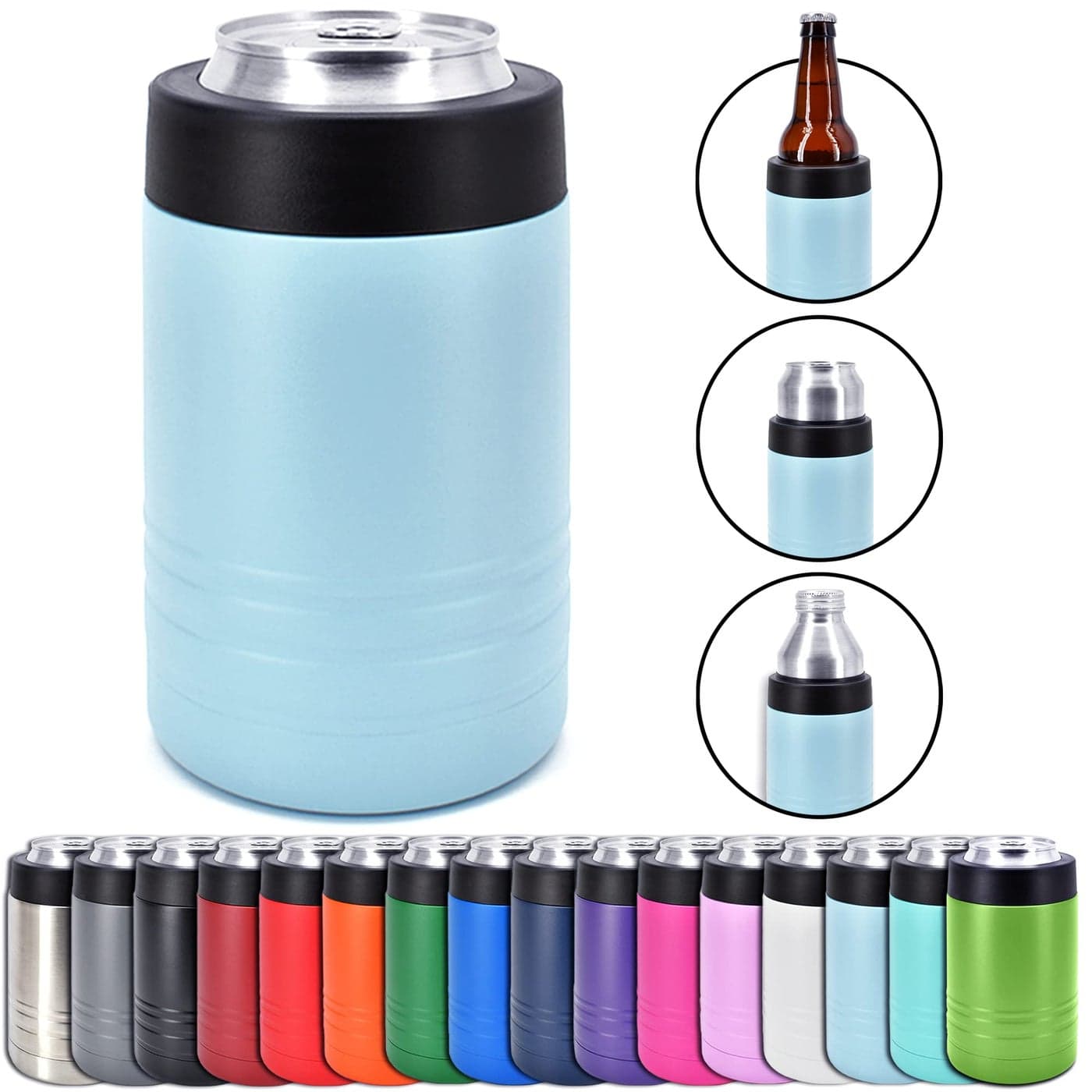 4in1 Stainless Steel 12 oz Double Wall Vacuum Insulated Can or Bottle Cooler Keeps Beverage Cold for Hours Also Fits 16 oz Cans Powder Coated Light Blue Clear Water Home Goods