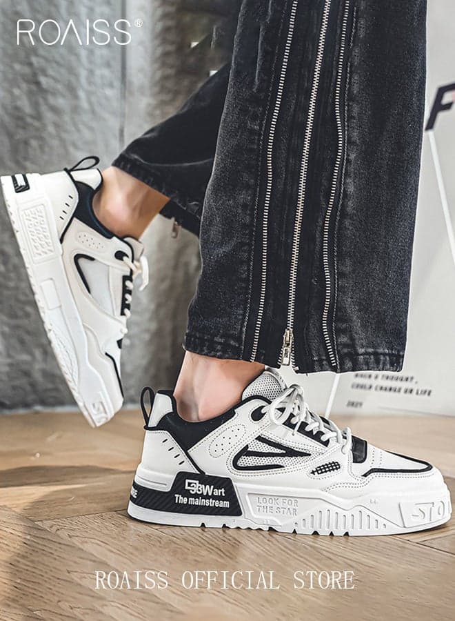 Men's Lace-Up Round Toe Low-Top Sneakers Anti-Slip Wear-Resistant Shock-Absorbing Sports and Casual Shoes Thick-Soled, Height-Increasing, Versatile Sneakers White