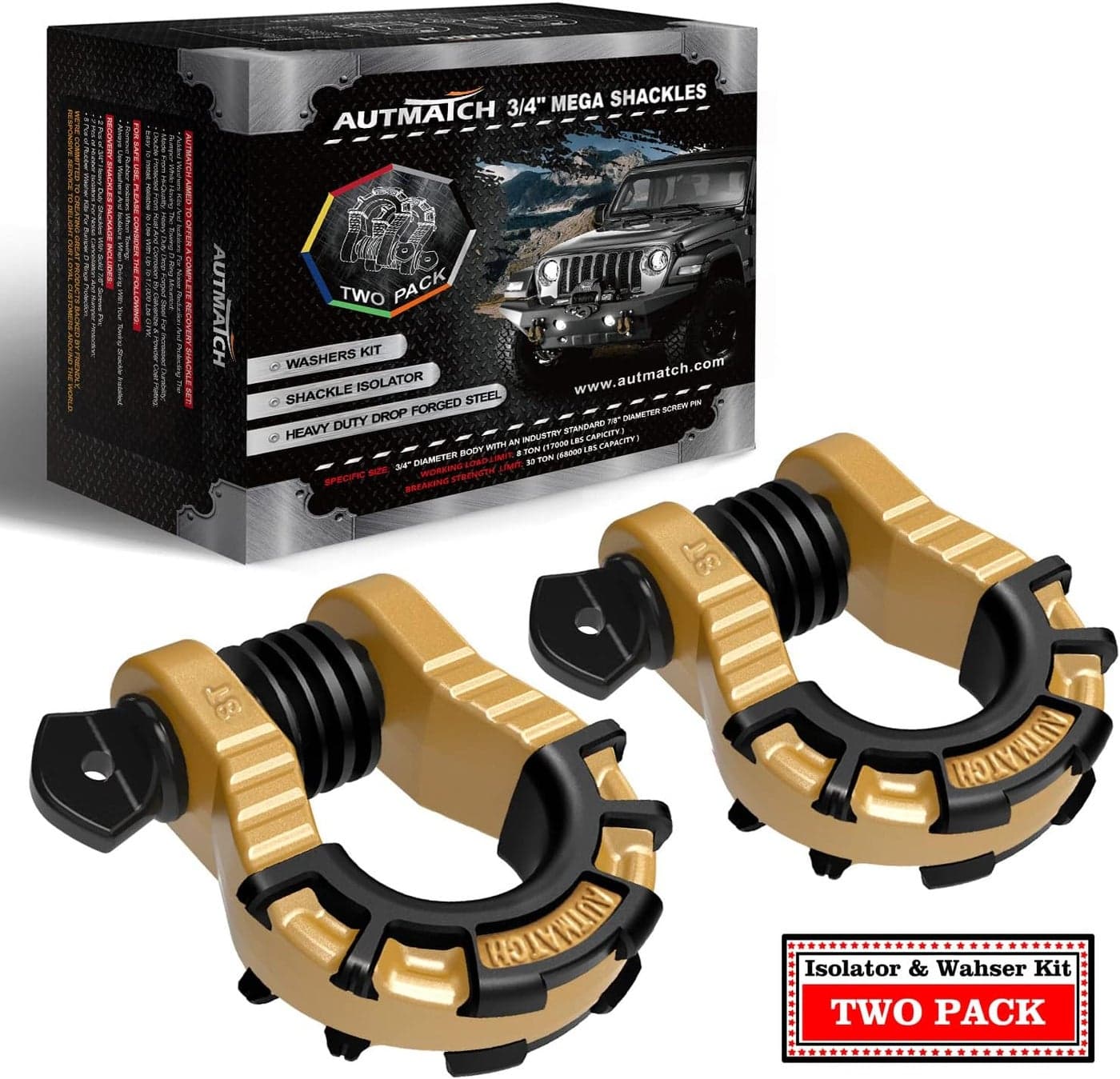 AUTMATCH 3/4" Mega Shackles (2 Pack) with 68,000 lbs Break Strength and Shackle Isolator & Washers Kit