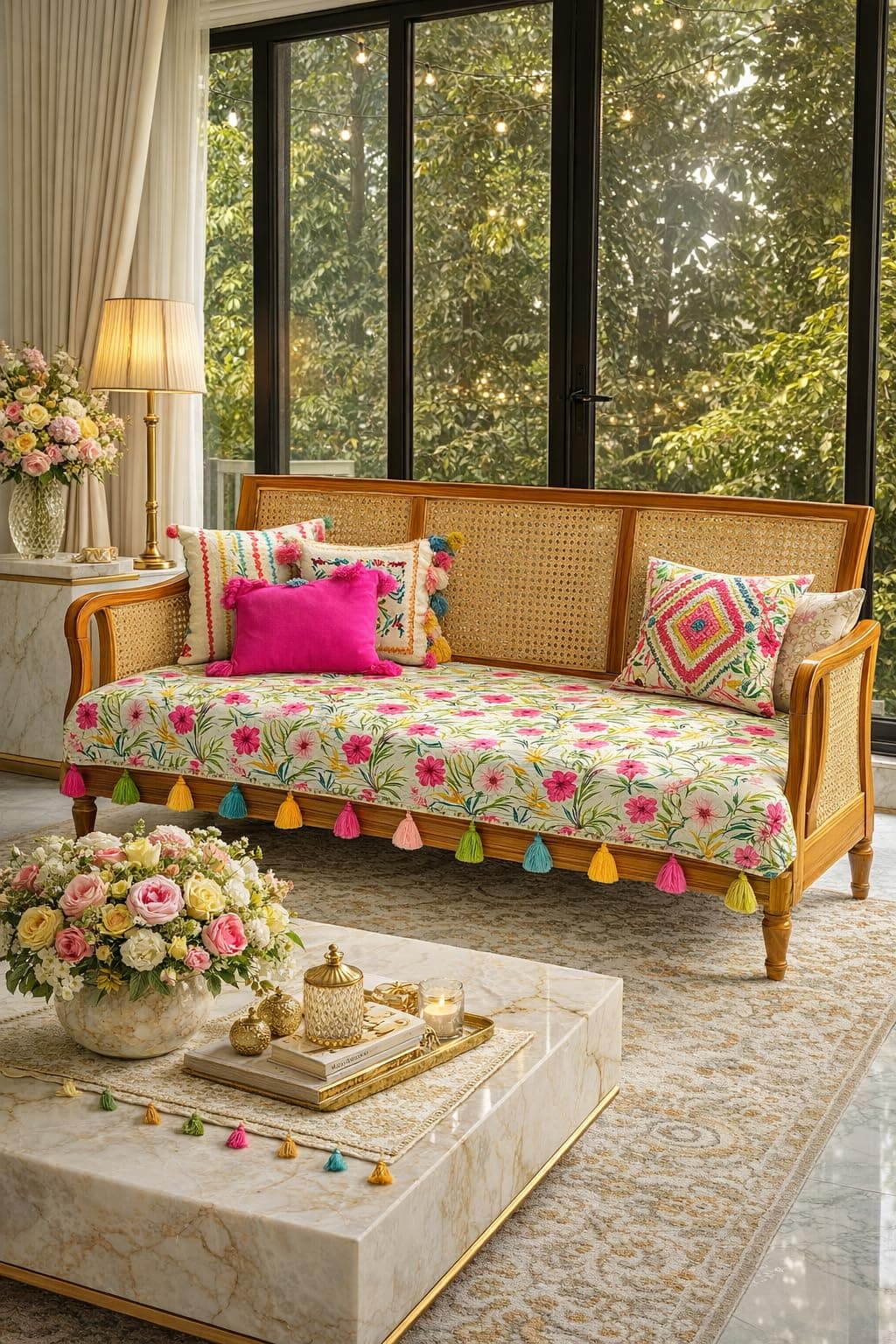 Neutral Tropical Floral Sofa Cover Tassels: Thick Fabric Six Seater Furniture Cover, Anti-Slip, Washable Sofa Cover: Seat Protection -Set of 3 Seat Covers- 6 Seater Sofa Cover Set (3+2+1 Seater)