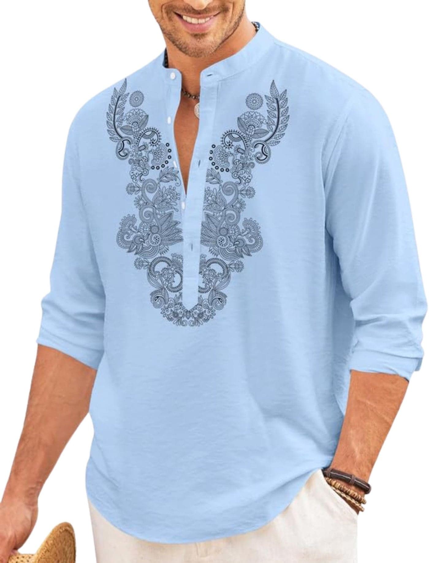 FINIVO FASHION Men’s Cotton Blend Short Kurta with Full Sleeves and Ethnic Neck Design | Casual Crinkle Texture Kurta with Mandarin Collar Sky