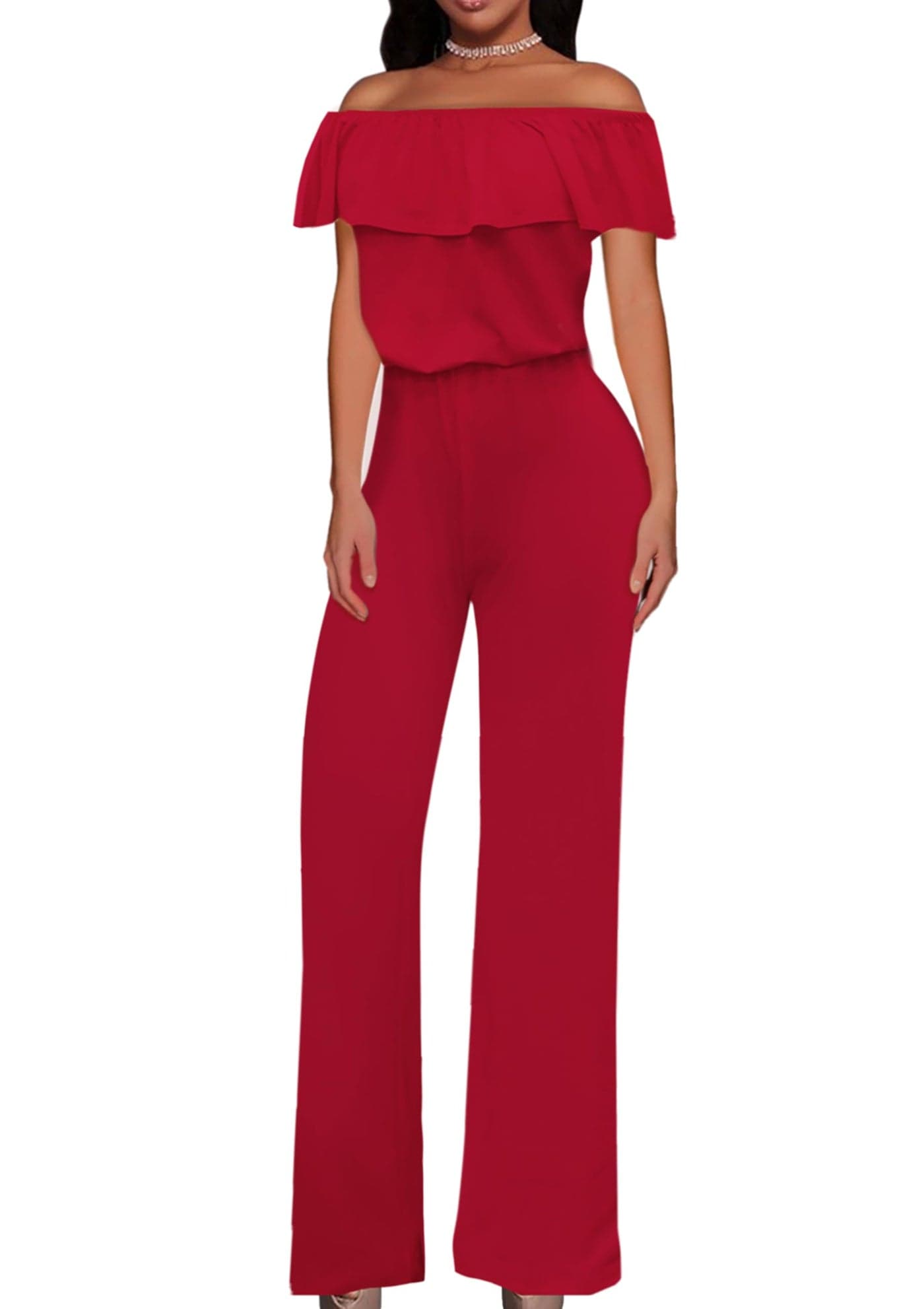 Hybrid & Company Women's Lightweight Off Shoulder Jumpsuit – Stretchy Wide Leg Romper – Casual to Formal One Piece Outfit KPVJ47696 RED XL