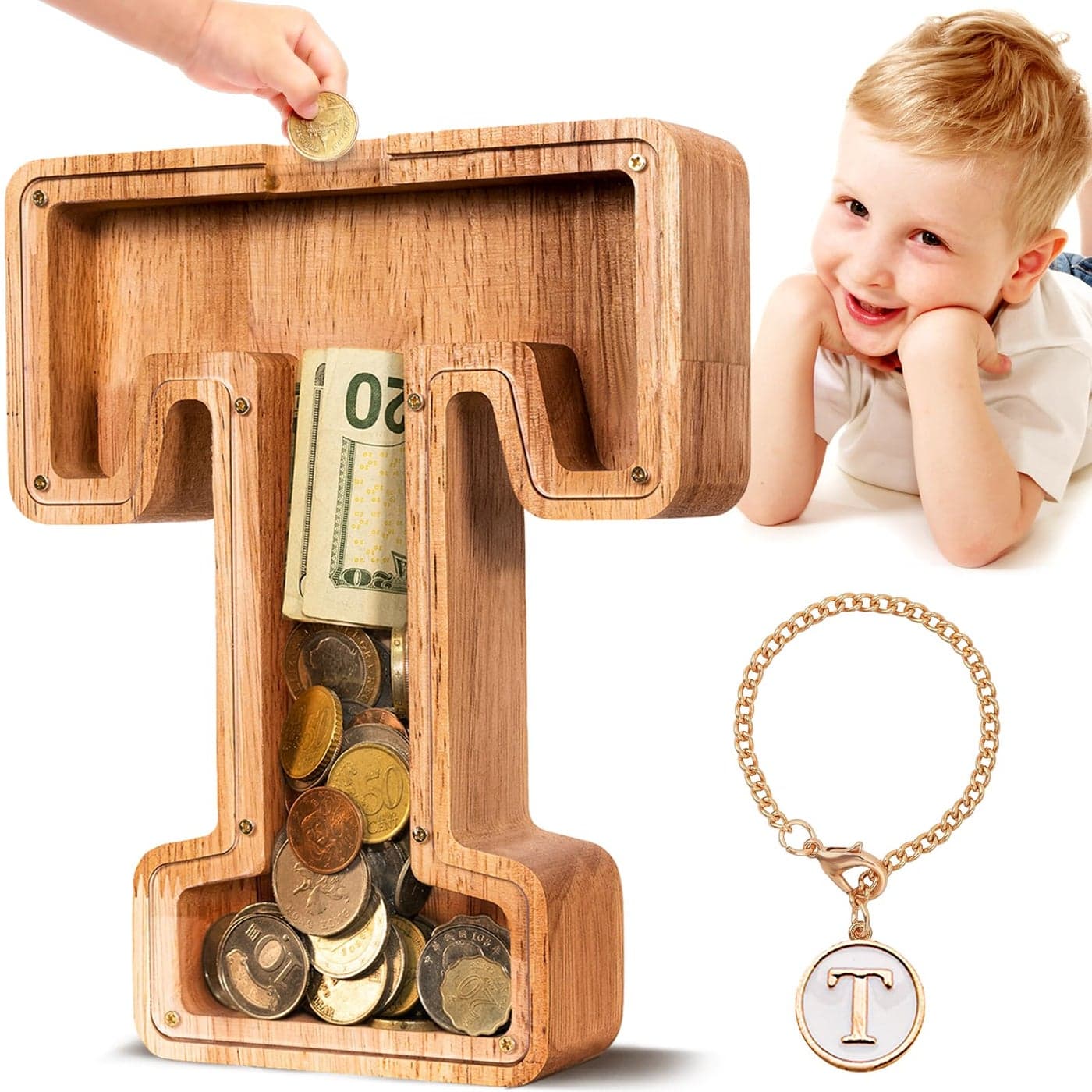 SummiDate Wooden Letter Piggy Bank Piggy Bank for Boys and girls Alphabet Money Bank Thanks Giving GiftsInitialT