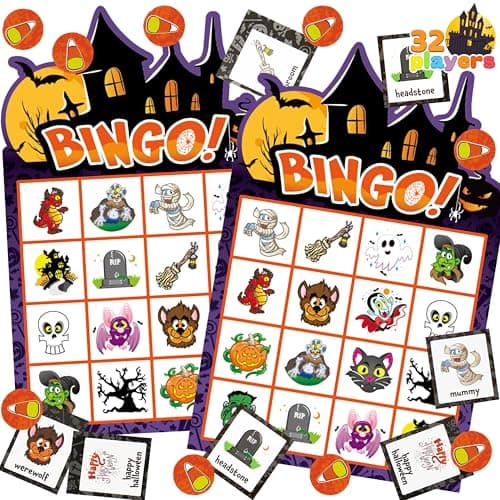 JOYIN 32 Players Halloween Bingo Game Kids Bingo Cards Set for Large Group School Classroom Family Activities Halloween Party Games Halloween Party Supplies Card Game