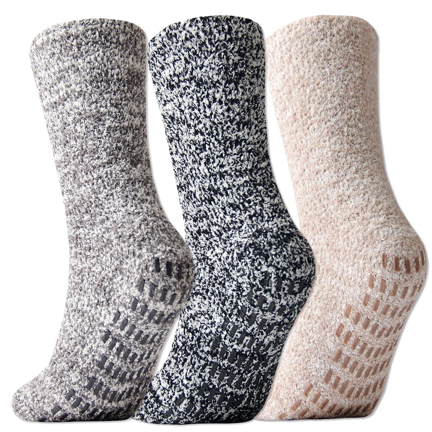 JORMATT 3 Pairs Women Grip Fuzzy Socks Non Skid Men Thick Cozy Slipper Hospital Socks with Grips,Men shoe size 7-12/Women size 8-13
