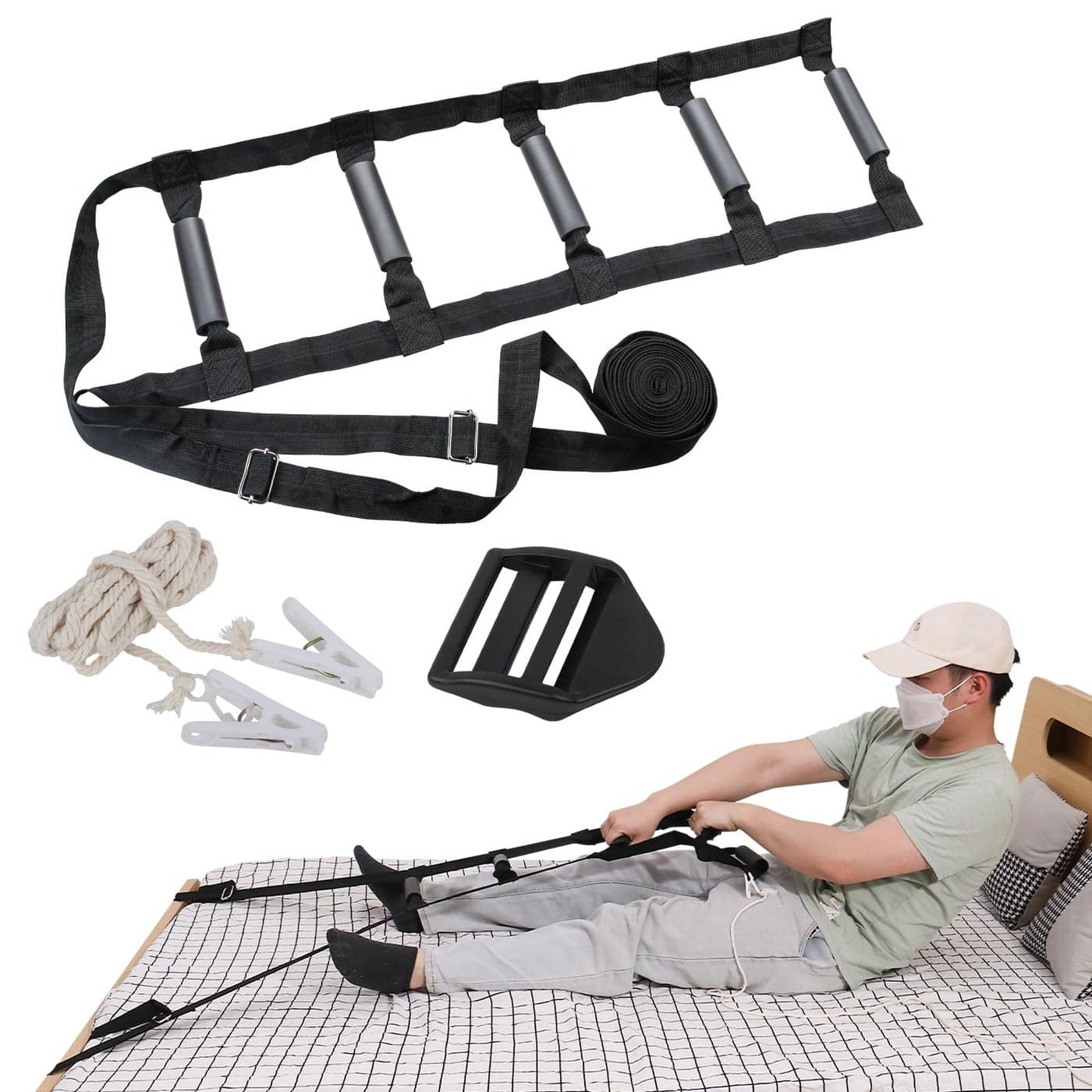 ZUEXT Bed Ladder Assist 160 Inch Black Pull Up Assist Device w 5 Handles Grips Adjustable Rope Ladder Straps Sit Up Handle Helper for Elderly Seniors Adults Pregnant Injury Handicapped Patients