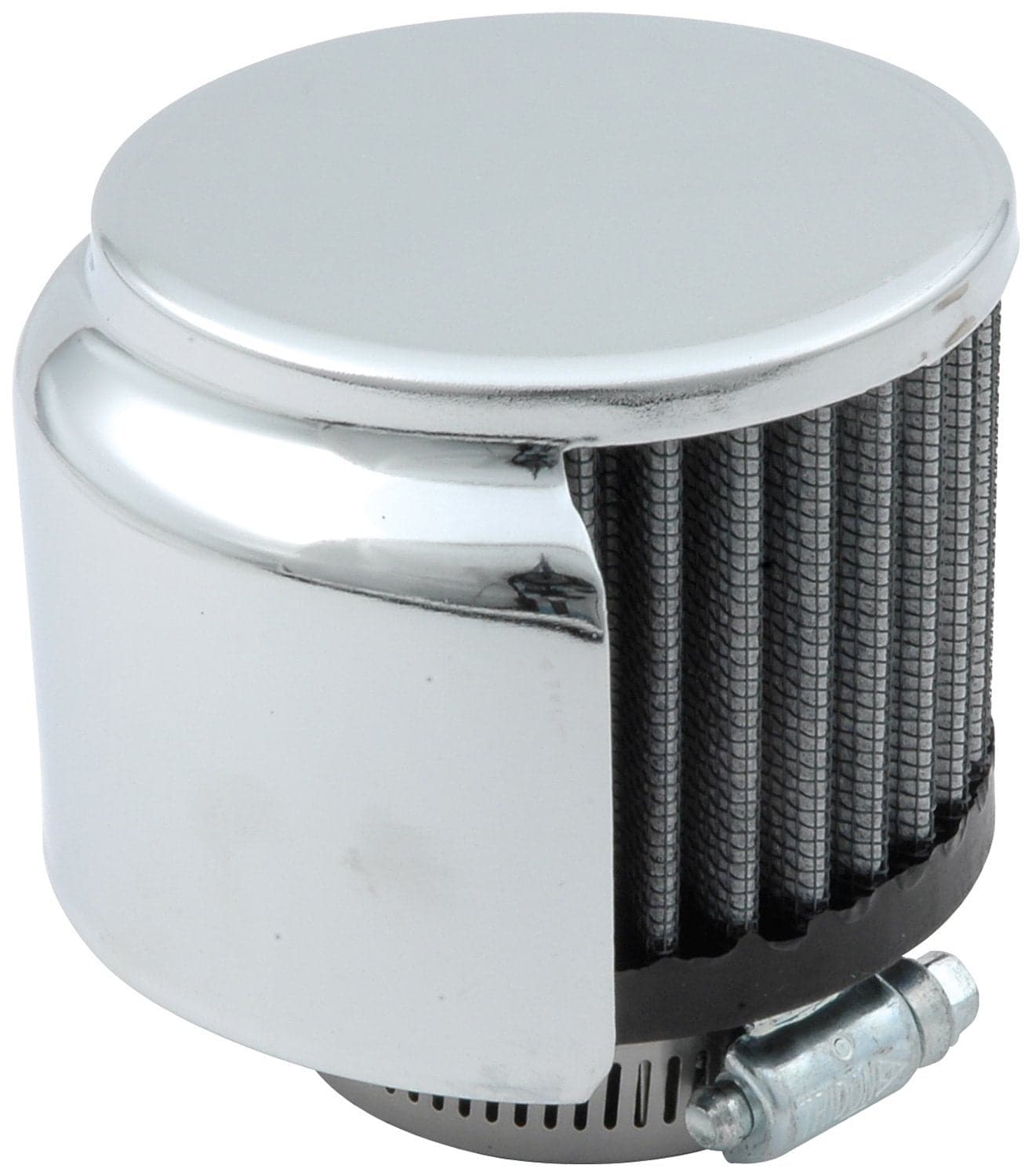 Allstar Performance Breather, Clamp-On, Round, 1-1/2 in OD Tube, Half Shielded, Reusable, Steel, Chrome, Each