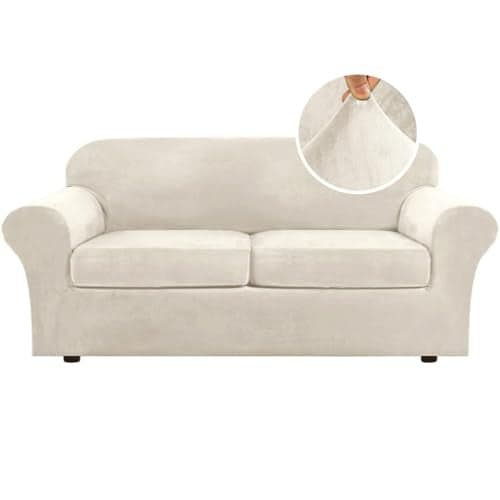 H.VERSAILTEX Real Velvet Plush 3 Piece Stretch Sofa Covers Couch Covers for 2 Cushion Couch Sofa Slipcovers Width Up to 90 Inch Feature Thick Soft Stay in Place (Large Sofa, Ivory)